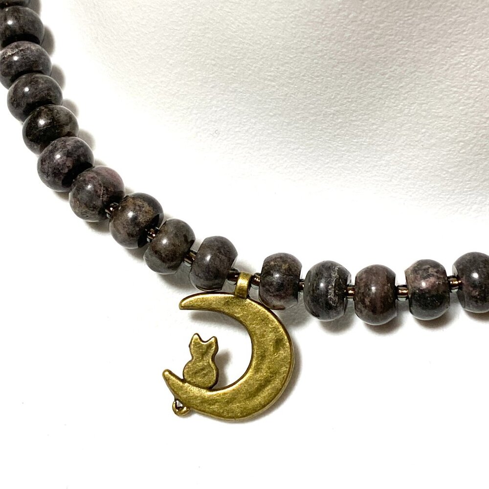 Dark Larvikite Bronze Cat on the Moon Necklace, Genuine Gemstone Beaded Necklace